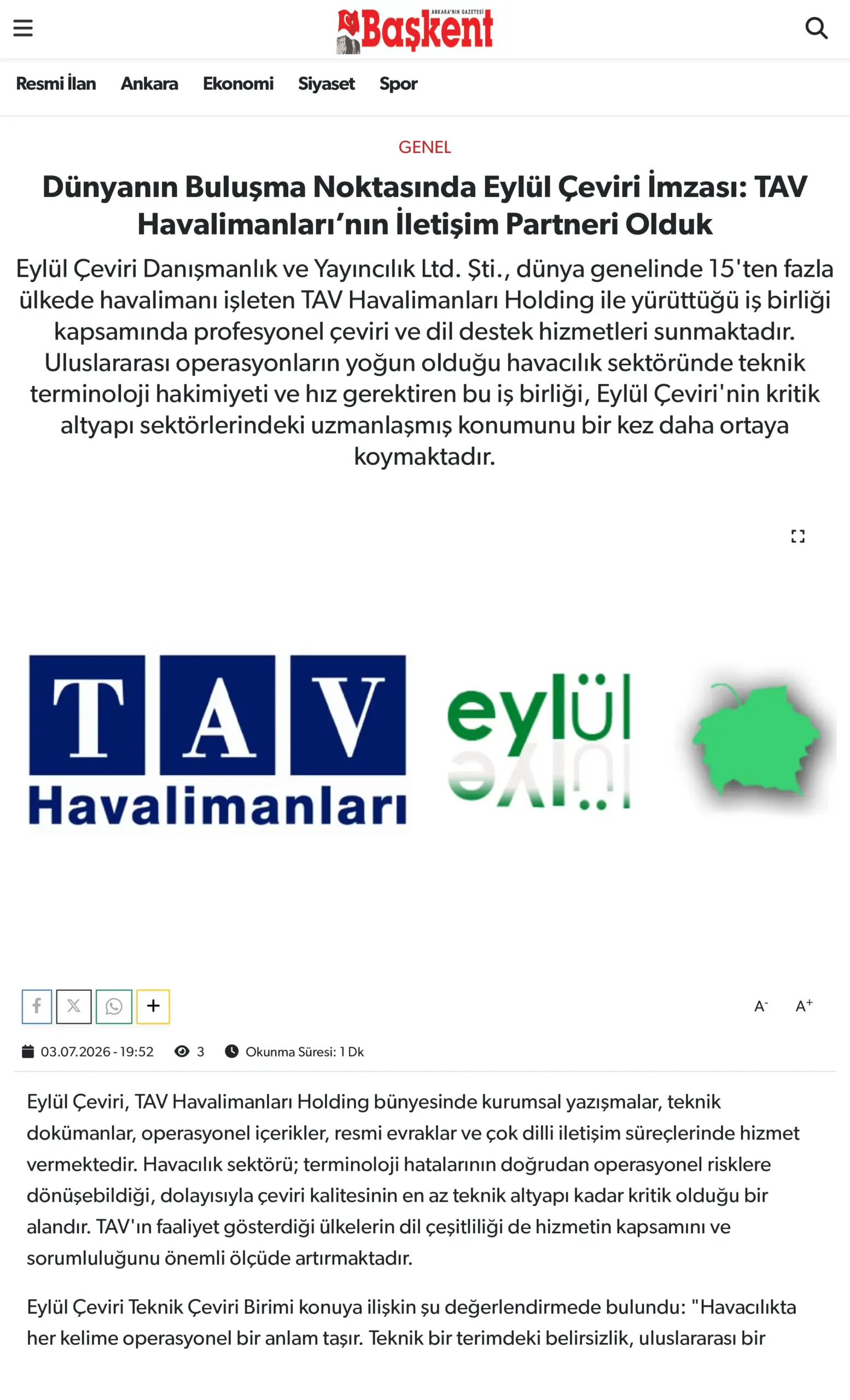 Translation All World Becomes TAV Airports Communication Partner